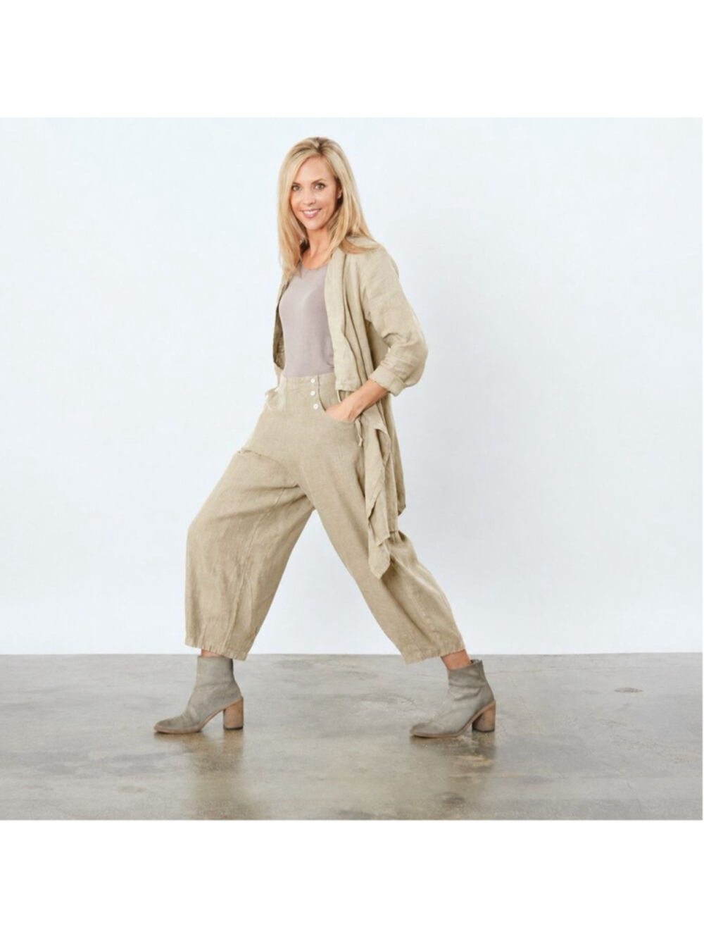 Bryn Walker Tan 100% Linen Lagenlook Sailor Button Genie Cropped Pants XL